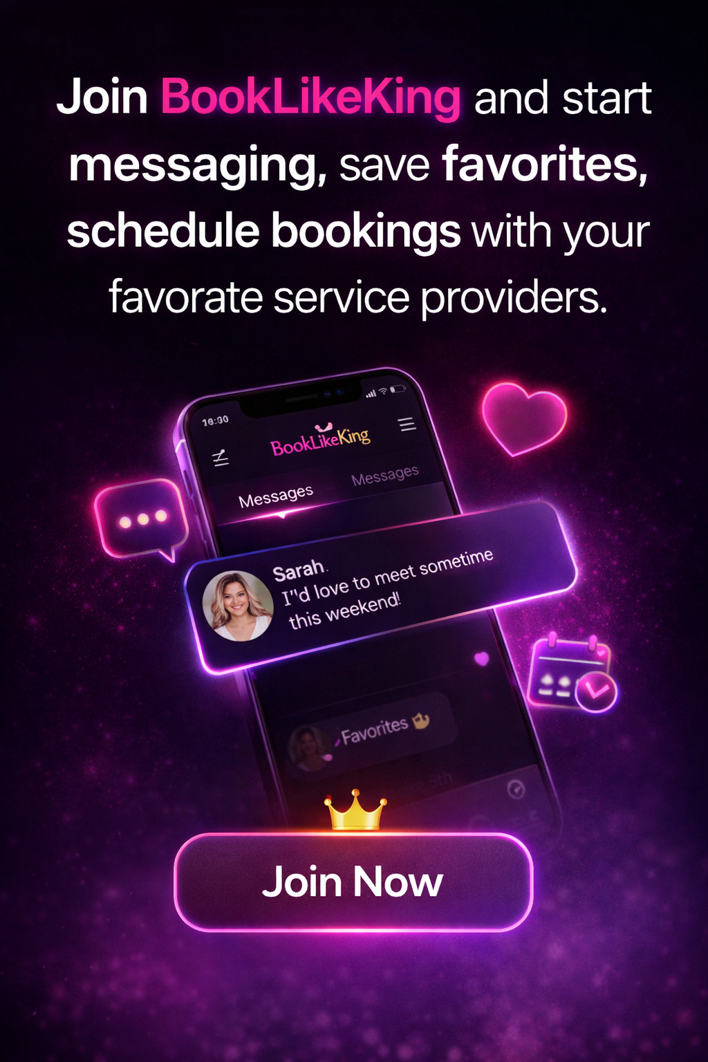 Clients: join BookLikeKing to message, save favourites, and book